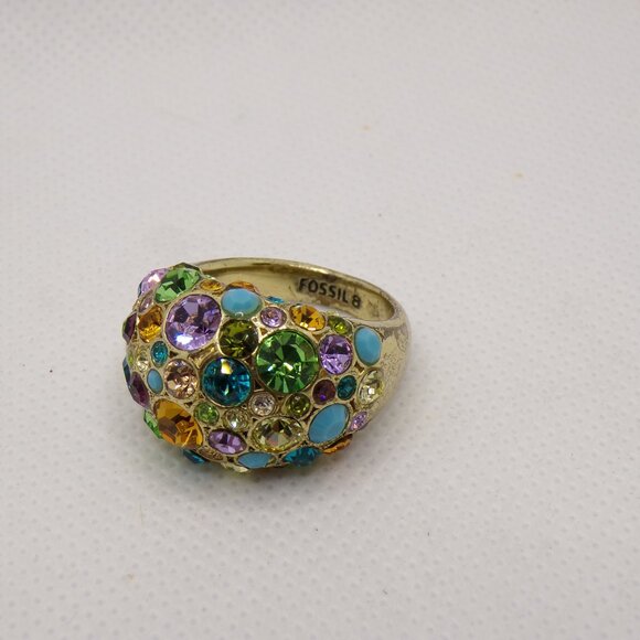Fossil Brand Gold Tone Colorful Rhinestone Dome Ring Size 8 - Picture 5 of 9